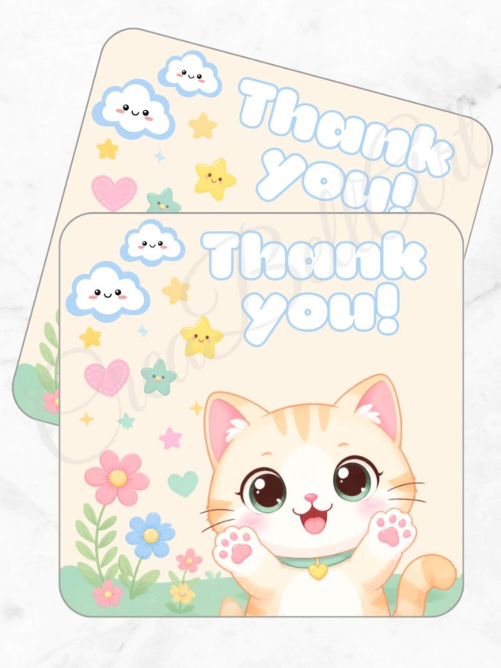60 Pack Kawaii Cat Square Shaped Thank You Cards